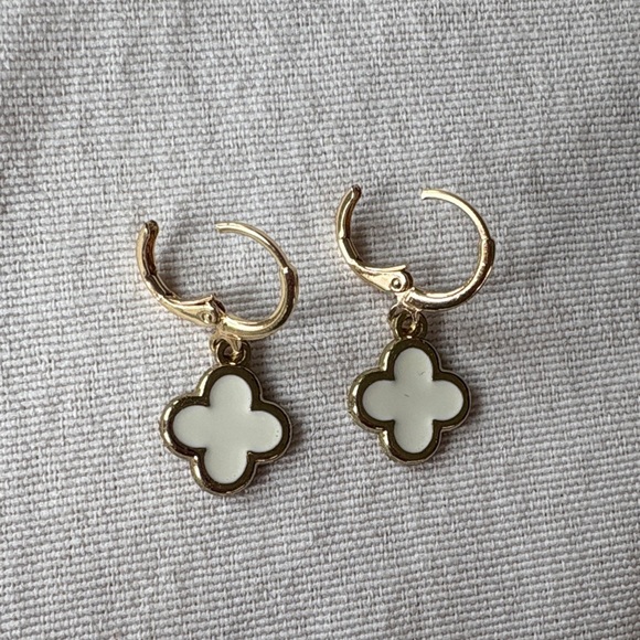 Gold and White Clover Dangle Earrings - Picture 2 of 7